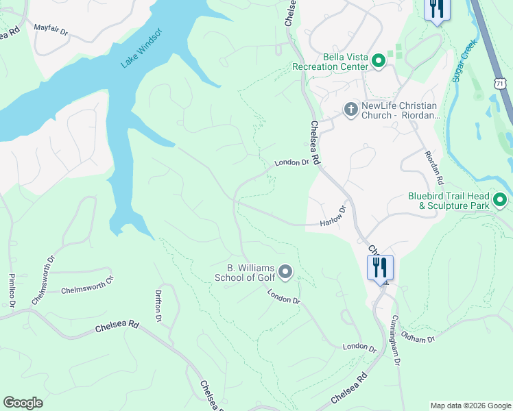 map of restaurants, bars, coffee shops, grocery stores, and more near 28 Harlow Drive in Bella Vista