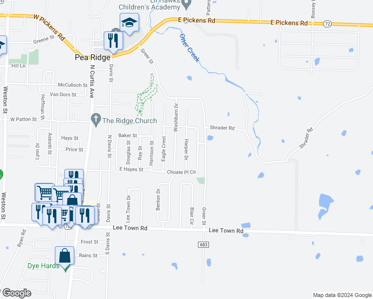 map of restaurants, bars, coffee shops, grocery stores, and more near 676 Harper Drive in Pea Ridge