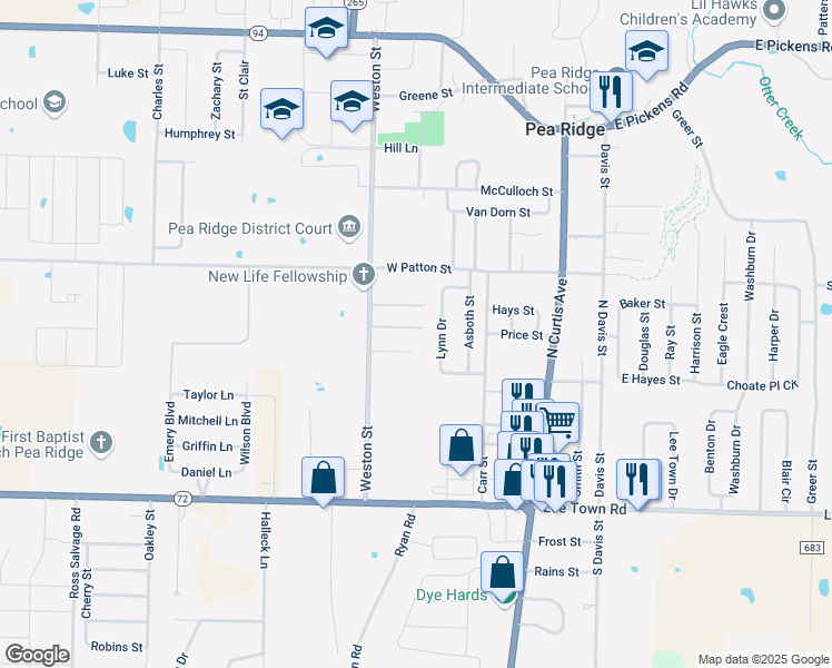 map of restaurants, bars, coffee shops, grocery stores, and more near 410 Nelson Court in Pea Ridge