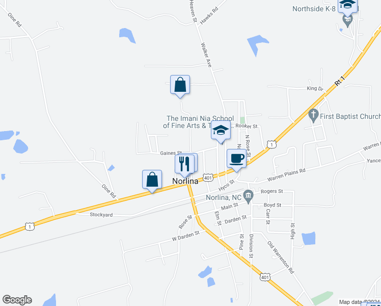 map of restaurants, bars, coffee shops, grocery stores, and more near 163 Gaines Street in Norlina