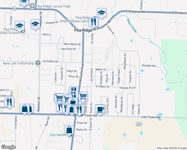 map of restaurants, bars, coffee shops, grocery stores, and more near 275 East Hayes Street in Pea Ridge