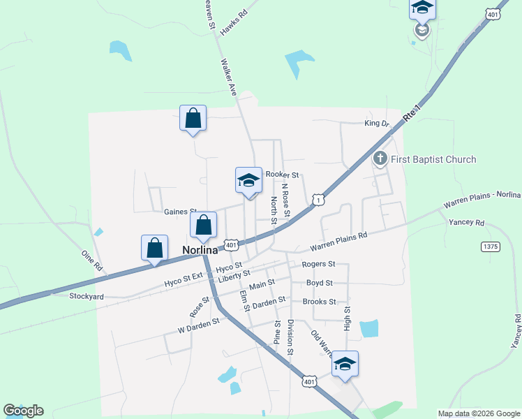 map of restaurants, bars, coffee shops, grocery stores, and more near Walker Ave in Norlina
