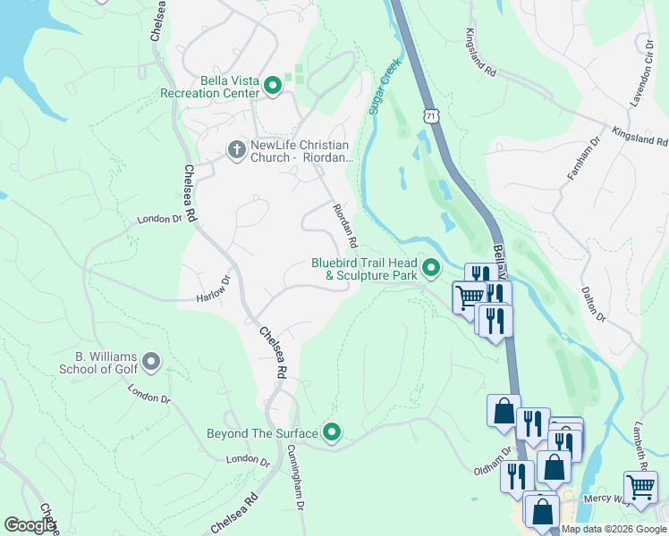 map of restaurants, bars, coffee shops, grocery stores, and more near 46 Wentworth Drive in Bella Vista