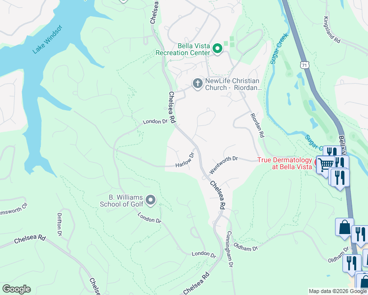 map of restaurants, bars, coffee shops, grocery stores, and more near 1 Chelsea Lane in Bella Vista