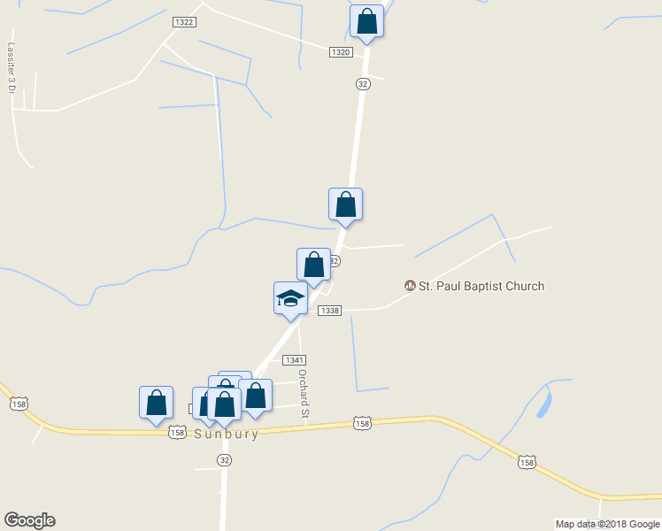 map of restaurants, bars, coffee shops, grocery stores, and more near 117 North Carolina 32 in Sunbury