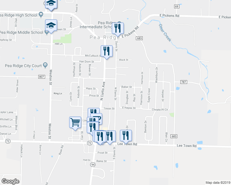 map of restaurants, bars, coffee shops, grocery stores, and more near 750 North Davis Street in Pea Ridge