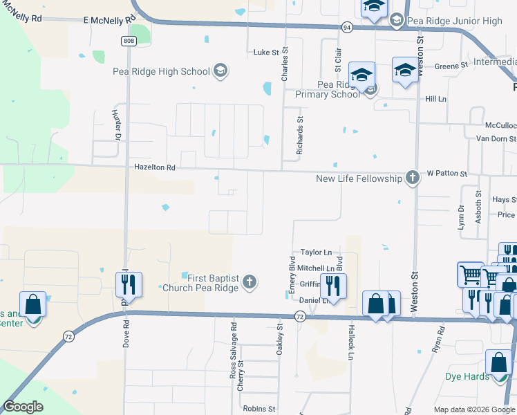 map of restaurants, bars, coffee shops, grocery stores, and more near 1559 Hazelton Road in Pea Ridge