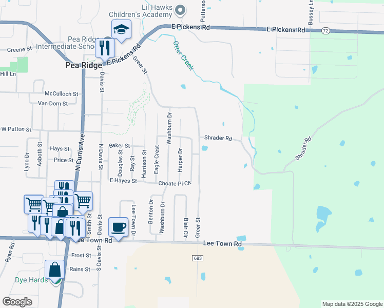 map of restaurants, bars, coffee shops, grocery stores, and more near 930 Choate Place Circle in Pea Ridge