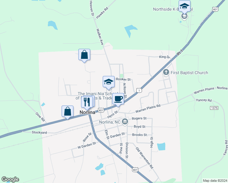 map of restaurants, bars, coffee shops, grocery stores, and more near 306 Walker Avenue in Norlina