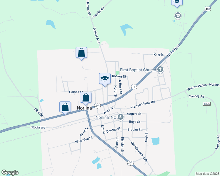 map of restaurants, bars, coffee shops, grocery stores, and more near 306 Walker Avenue in Norlina
