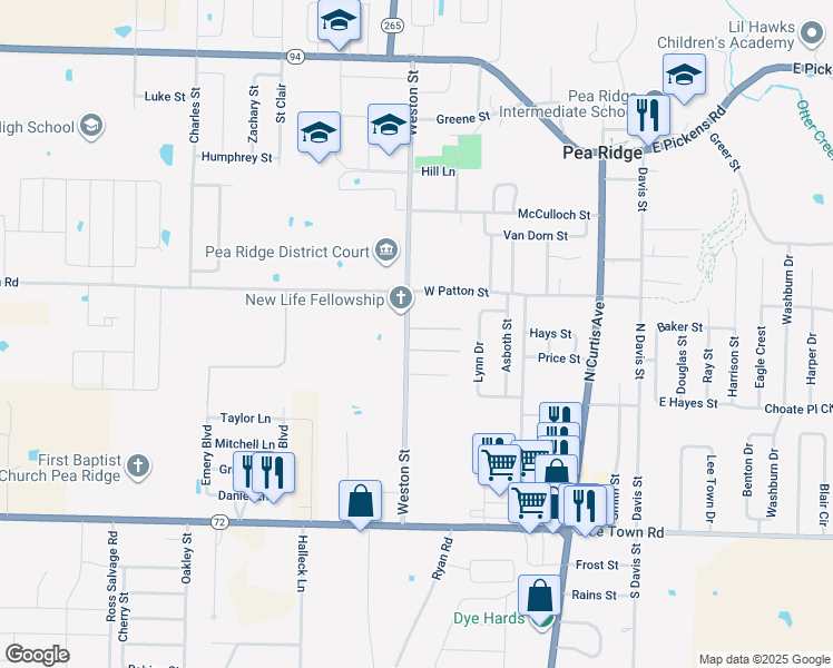 map of restaurants, bars, coffee shops, grocery stores, and more near 550 Weston Loop in Pea Ridge
