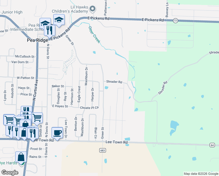 map of restaurants, bars, coffee shops, grocery stores, and more near 12500 Shrader Road in Pea Ridge