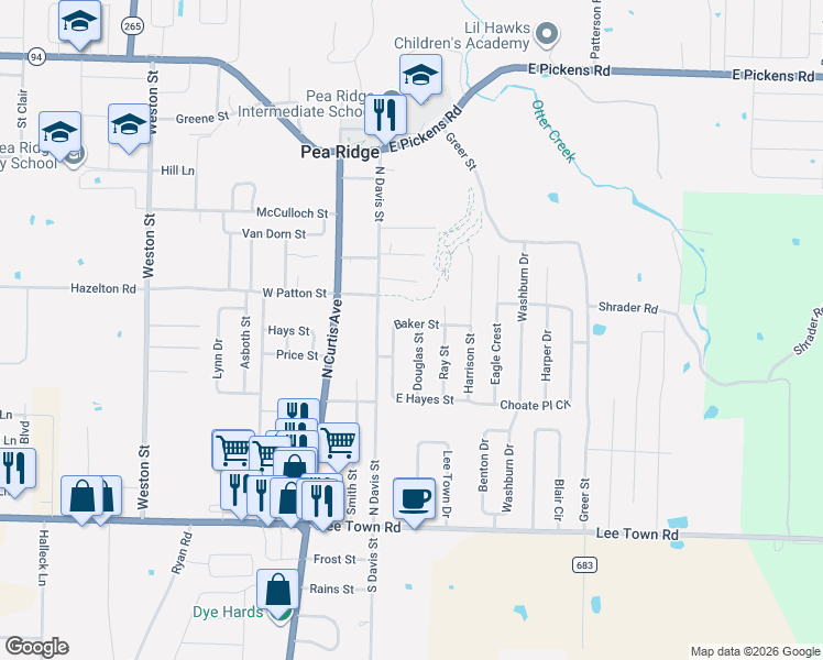 map of restaurants, bars, coffee shops, grocery stores, and more near 345 Baker Street in Pea Ridge