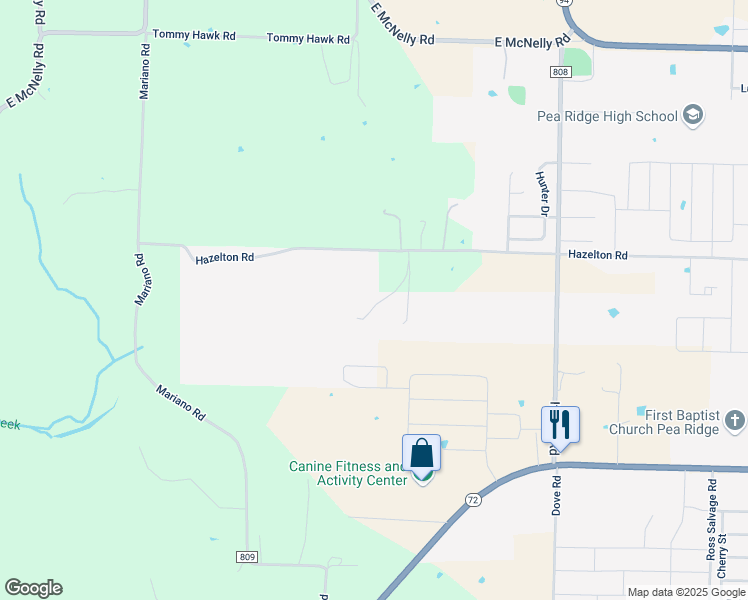 map of restaurants, bars, coffee shops, grocery stores, and more near 10511 Hazelton Road in Pea Ridge