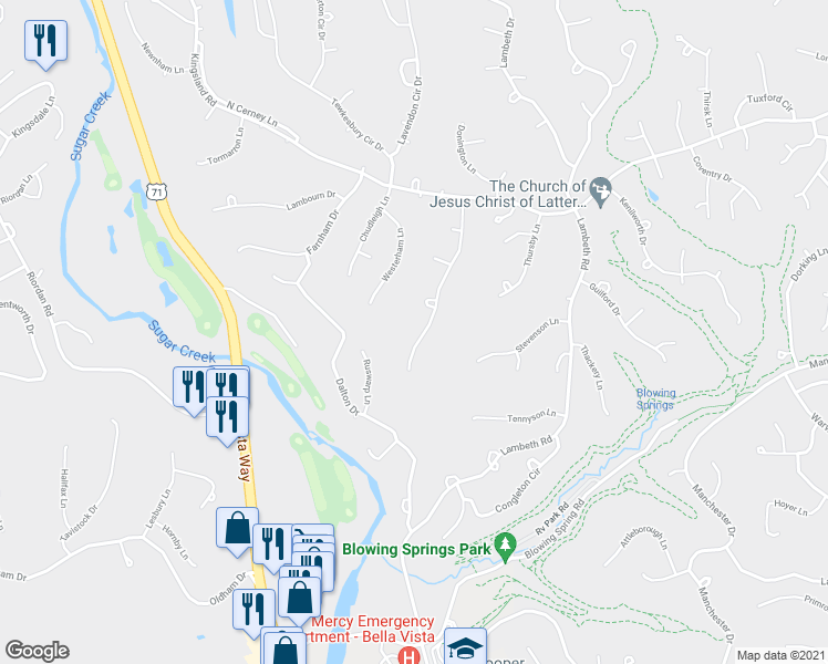 map of restaurants, bars, coffee shops, grocery stores, and more near 24 Penrith Drive in Bella Vista