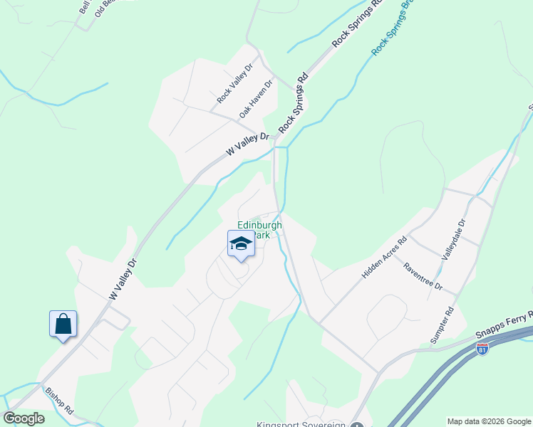 map of restaurants, bars, coffee shops, grocery stores, and more near 2413 Edinburgh Channel Road in Kingsport