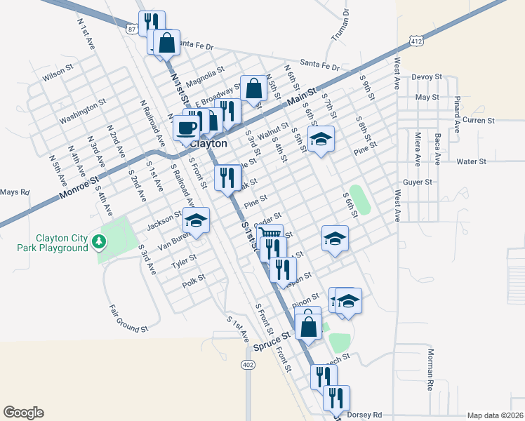 map of restaurants, bars, coffee shops, grocery stores, and more near 449 South 2nd Street in Clayton