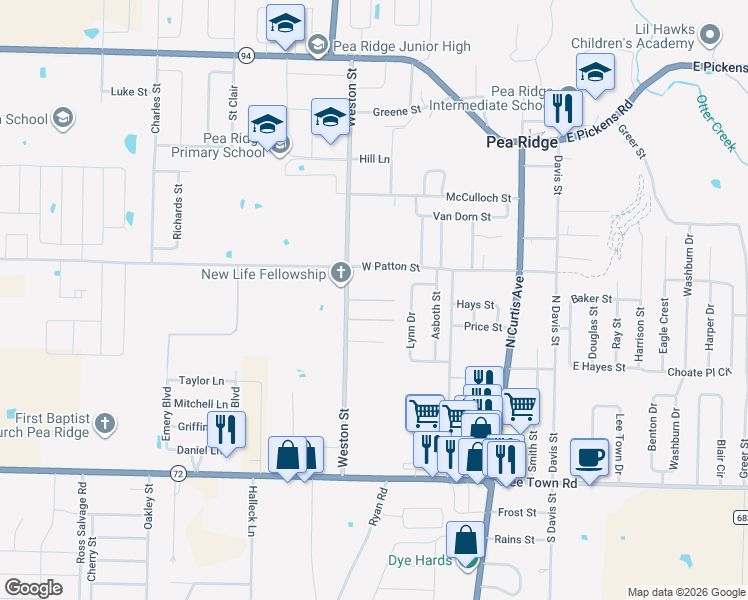 map of restaurants, bars, coffee shops, grocery stores, and more near 550 Weston Loop in Pea Ridge