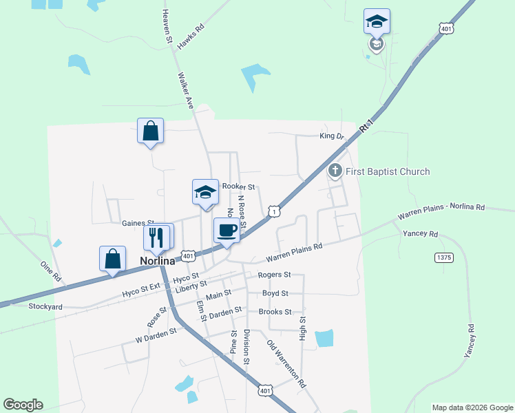map of restaurants, bars, coffee shops, grocery stores, and more near 103 Rooker Street in Norlina