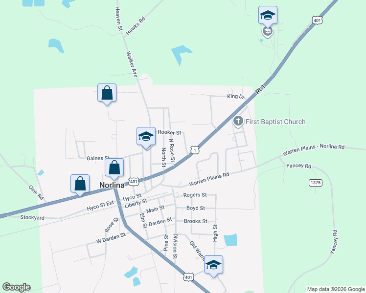 map of restaurants, bars, coffee shops, grocery stores, and more near 103 Rooker Street in Norlina