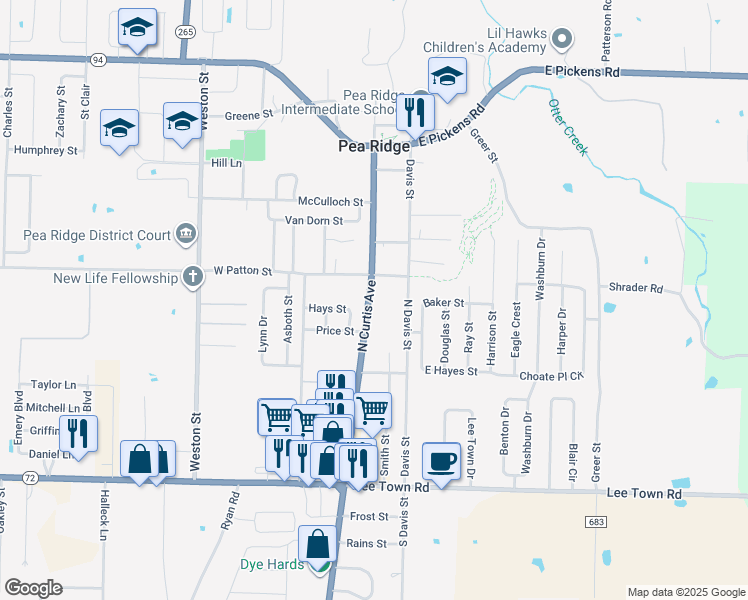 map of restaurants, bars, coffee shops, grocery stores, and more near 784 North Curtis Avenue in Pea Ridge