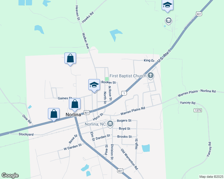 map of restaurants, bars, coffee shops, grocery stores, and more near 110 North Rose Street in Norlina
