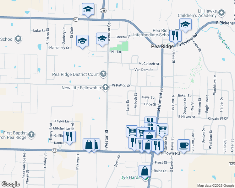 map of restaurants, bars, coffee shops, grocery stores, and more near 550 Weston Loop in Pea Ridge