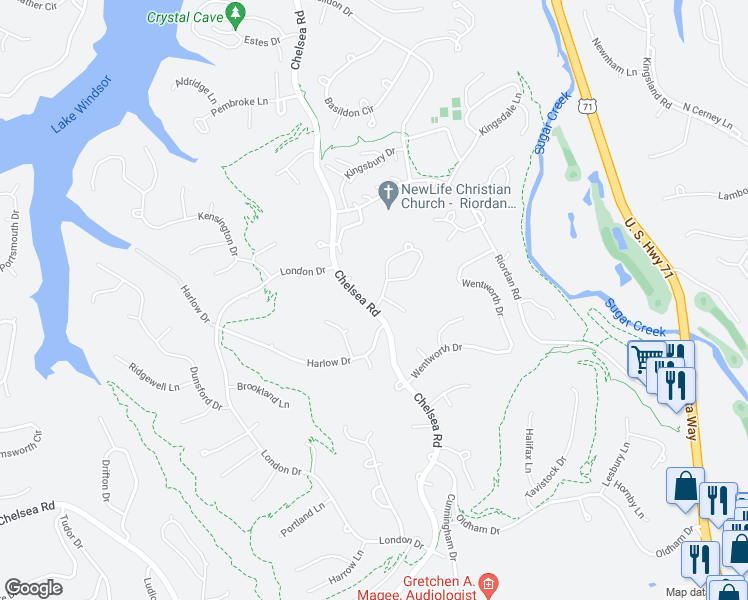 map of restaurants, bars, coffee shops, grocery stores, and more near 1 Chelsea Lane in Bella Vista