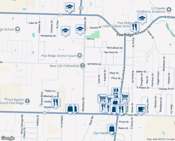map of restaurants, bars, coffee shops, grocery stores, and more near 550 Weston Loop in Pea Ridge