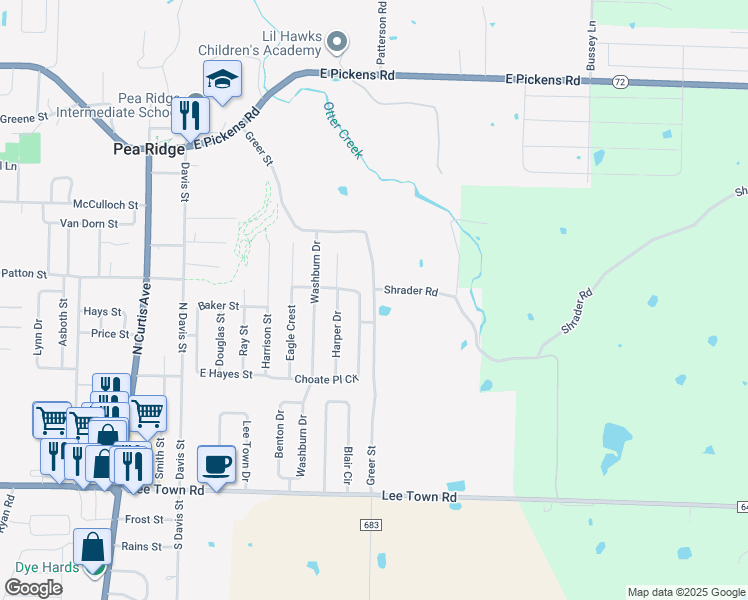 map of restaurants, bars, coffee shops, grocery stores, and more near County Road 683 in Pea Ridge