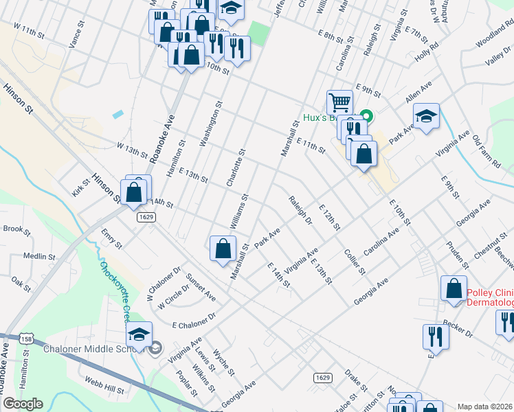 map of restaurants, bars, coffee shops, grocery stores, and more near 1305 Marshall Street in Roanoke Rapids