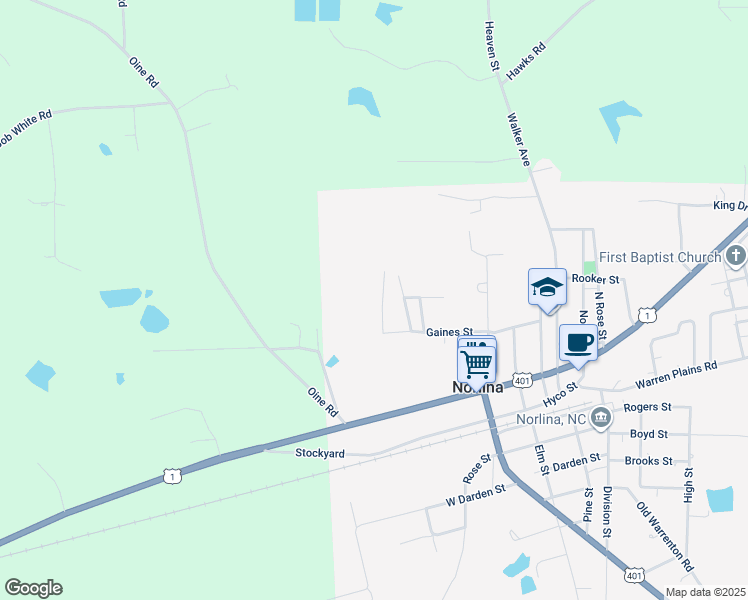 map of restaurants, bars, coffee shops, grocery stores, and more near 101-119 Forest Lane in Norlina