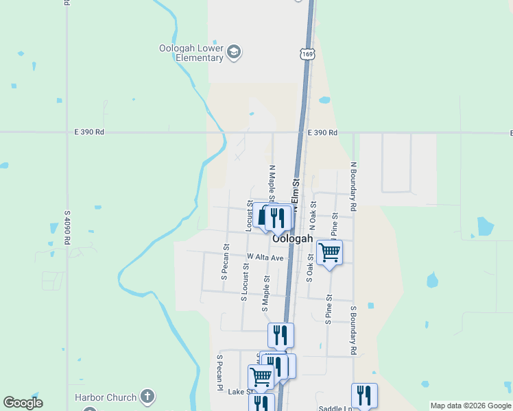 map of restaurants, bars, coffee shops, grocery stores, and more near 230 West Sequoyah Avenue in Oologah