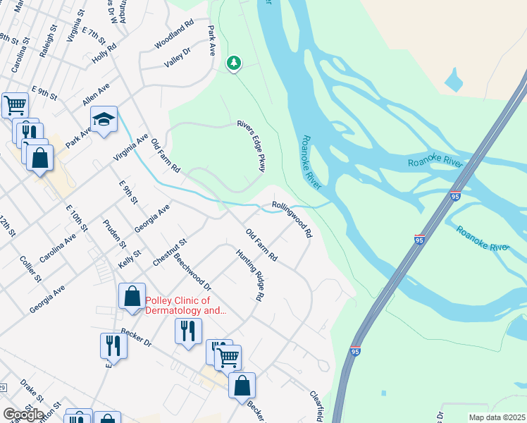 map of restaurants, bars, coffee shops, grocery stores, and more near 207 Rollingwood Road in Roanoke Rapids