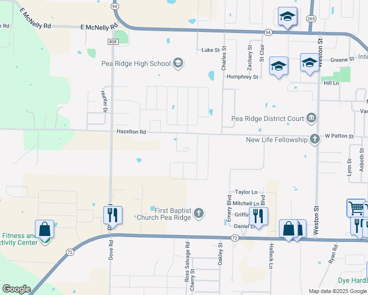 map of restaurants, bars, coffee shops, grocery stores, and more near 1559 Hazelton Road in Pea Ridge