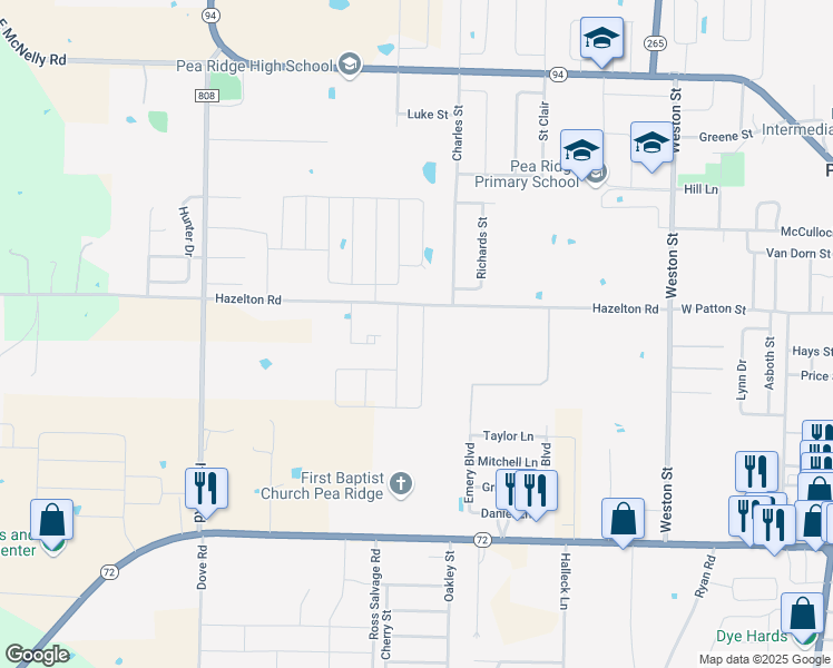 map of restaurants, bars, coffee shops, grocery stores, and more near 1559 Hazelton Road in Pea Ridge