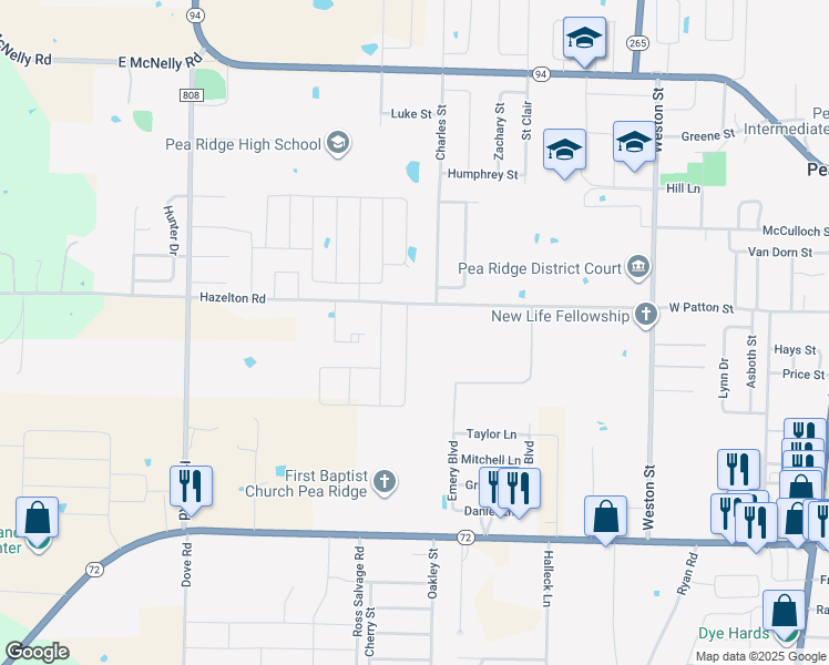 map of restaurants, bars, coffee shops, grocery stores, and more near 1559 Hazelton Road in Pea Ridge