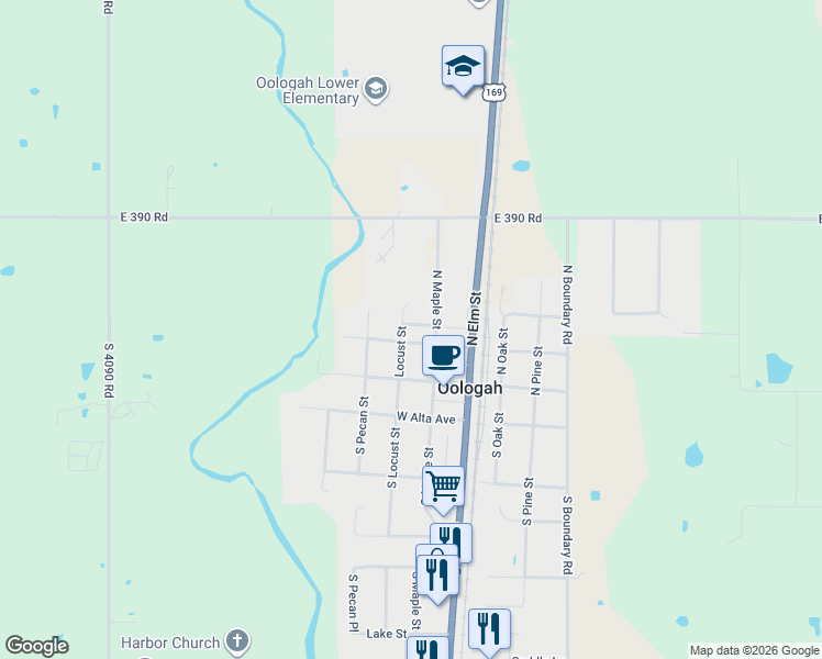 map of restaurants, bars, coffee shops, grocery stores, and more near 230 West Sequoyah Avenue in Oologah