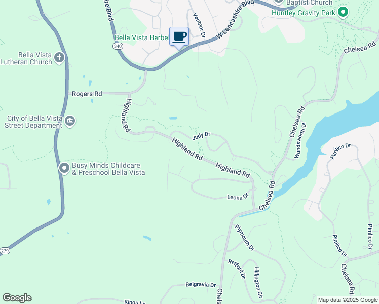 map of restaurants, bars, coffee shops, grocery stores, and more near Highland Road in Bella Vista