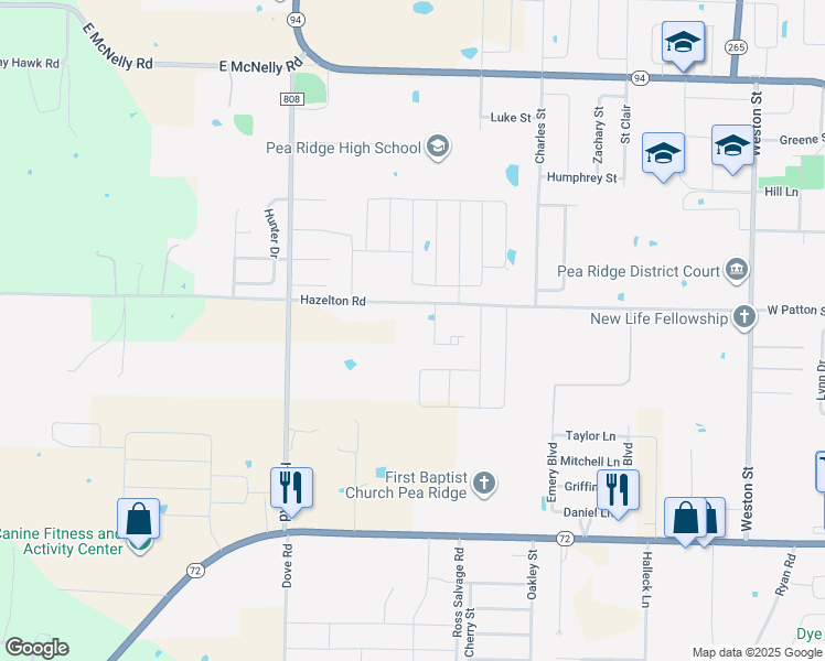 map of restaurants, bars, coffee shops, grocery stores, and more near 1755 Hazelton Road in Pea Ridge