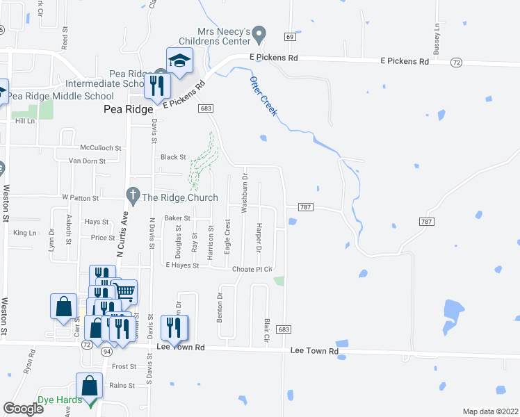 map of restaurants, bars, coffee shops, grocery stores, and more near 898 Harper Drive in Pea Ridge