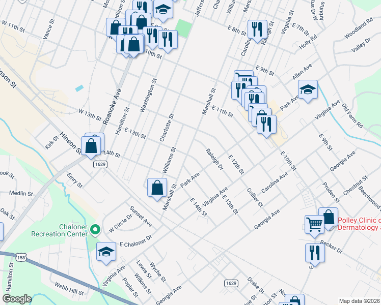 map of restaurants, bars, coffee shops, grocery stores, and more near 612 East 13th Street in Roanoke Rapids