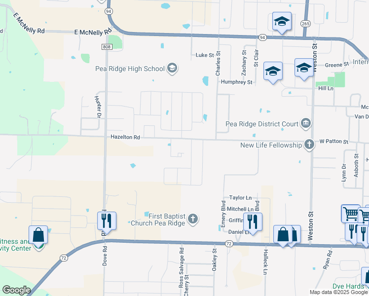 map of restaurants, bars, coffee shops, grocery stores, and more near 1559 Hazelton Road in Pea Ridge