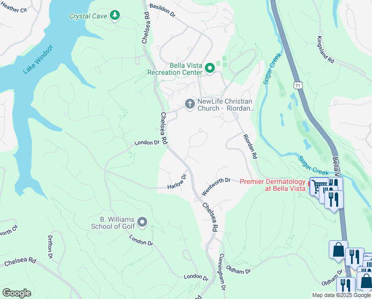 map of restaurants, bars, coffee shops, grocery stores, and more near 5 Chelsea Lane in Bella Vista