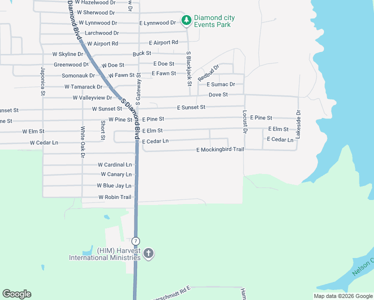 map of restaurants, bars, coffee shops, grocery stores, and more near 402 East Mockingbird Trail in Diamond City