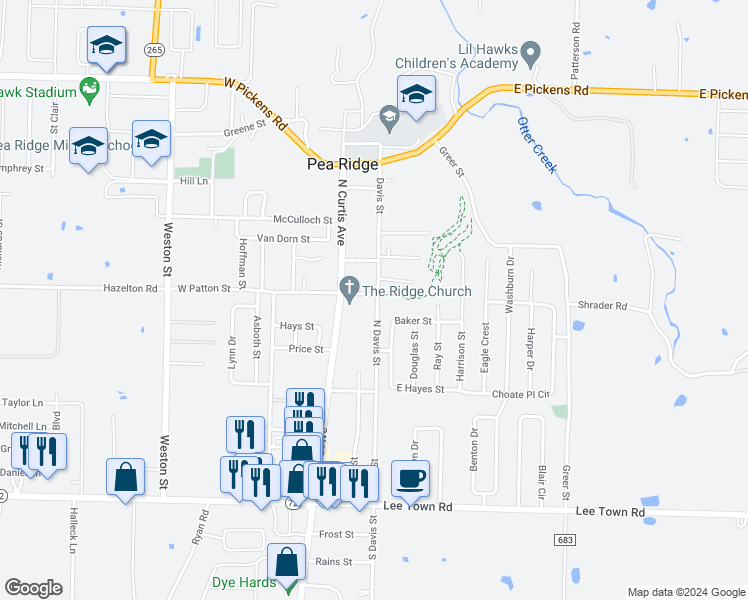 map of restaurants, bars, coffee shops, grocery stores, and more near 285 Patton Street in Pea Ridge