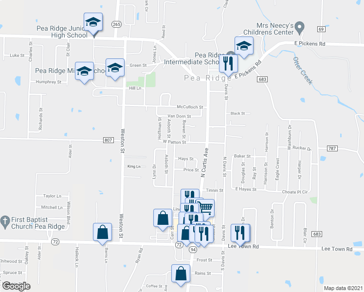 map of restaurants, bars, coffee shops, grocery stores, and more near 167 Patton Street in Pea Ridge