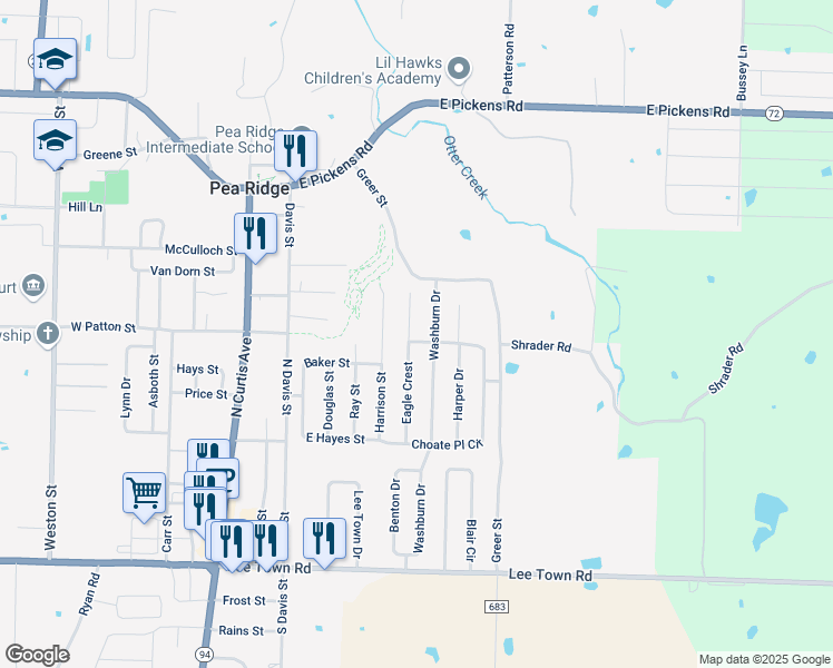 map of restaurants, bars, coffee shops, grocery stores, and more near 1020 Eagle Crest in Pea Ridge