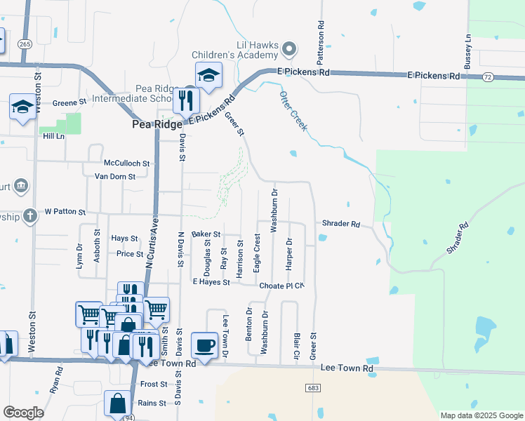 map of restaurants, bars, coffee shops, grocery stores, and more near 1020 Eagle Crest in Pea Ridge