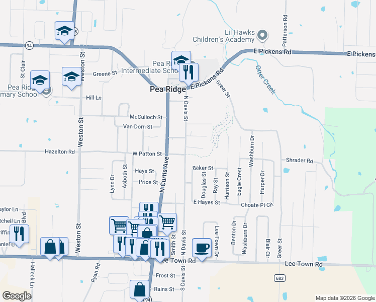map of restaurants, bars, coffee shops, grocery stores, and more near 346 Wood Street in Pea Ridge